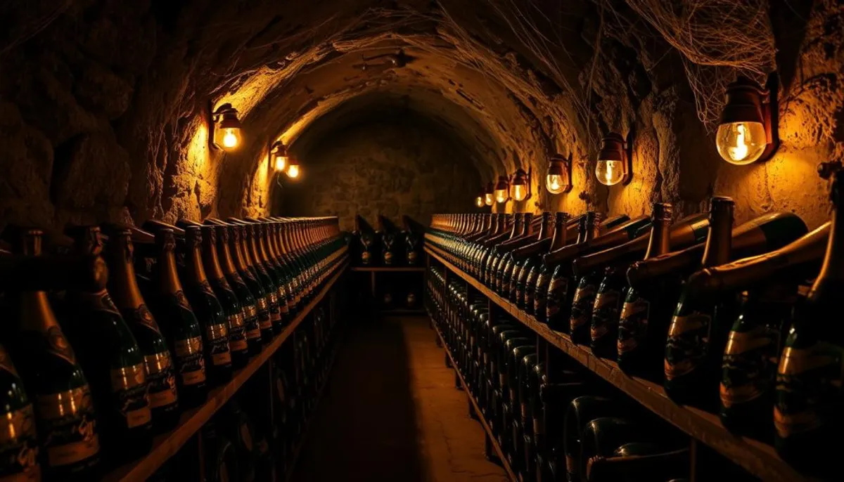 Champagne aging in cellar Champagne aging in cellar